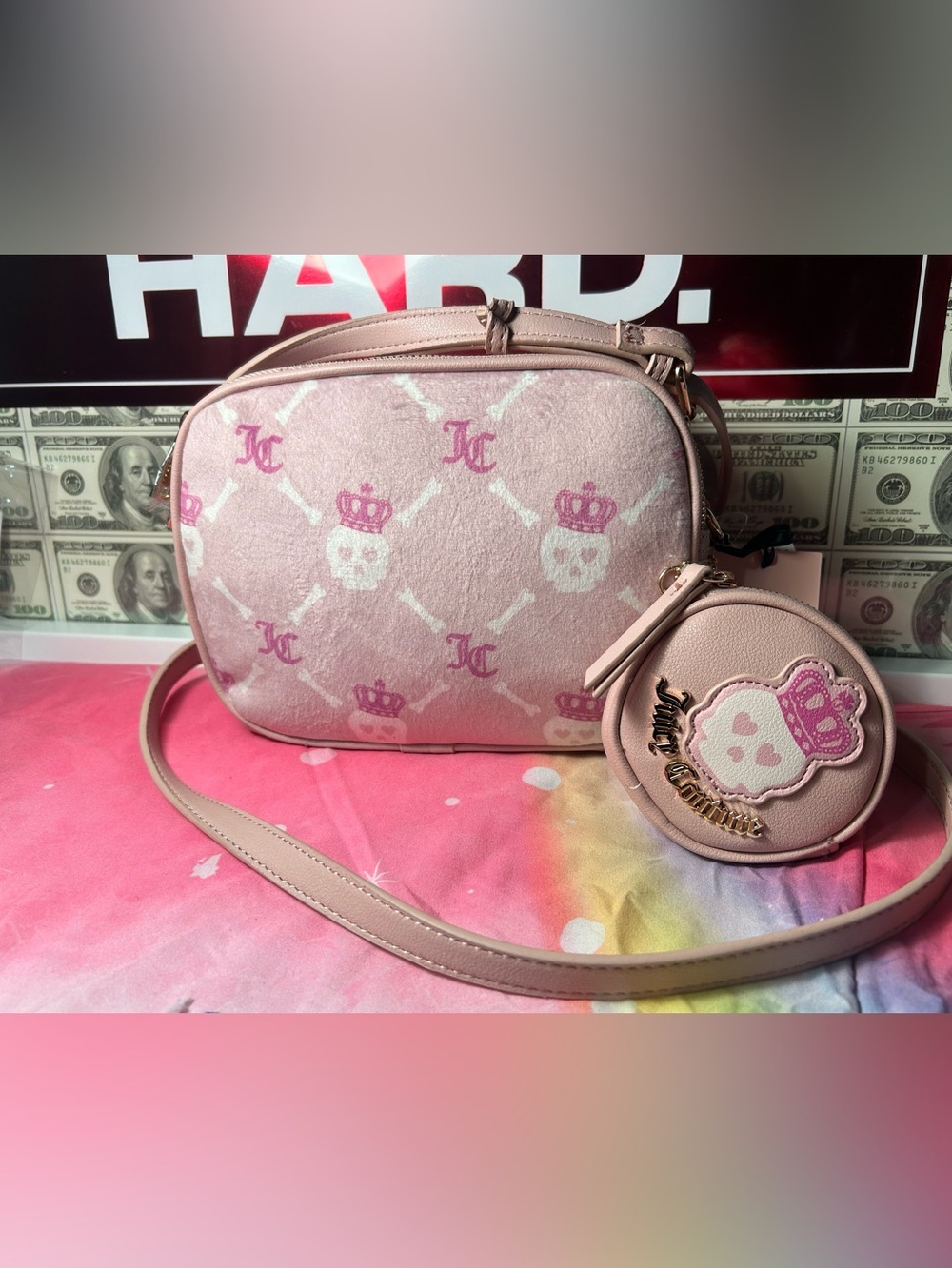 Juicy Couture Pink Skull Crown Crossbody Bag with Coin Pouch